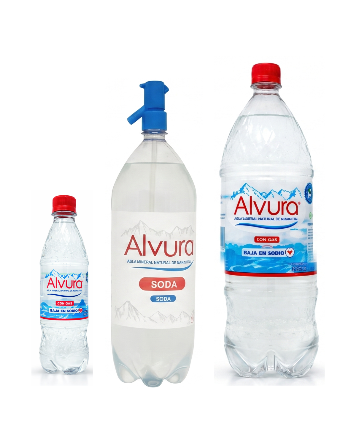 Familia ALVURA con gas: 500 ml, 2.25 L y Sifón 2 L